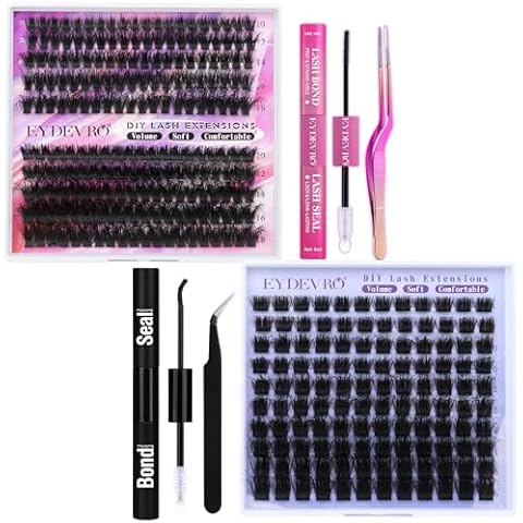 200 Pcs Lash Clusters Kit Fluffy 60D80D Lash Extension kit + 120 Pcs Fluffy Eyelash Extension Kit with Lash Bond and Seal and Lash Tweezers Cover