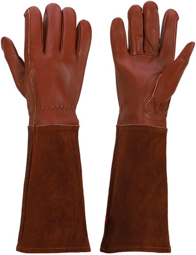 Long Gardening Gloves for Men/Women Thornproof Rose Pruning Gauntlet Forearm Protective Garden Work Gloves (Color : Brown, Size : Large)