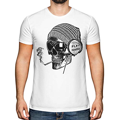 Candymix Graphic Men's T-Shirt - Work Hard Play Hard: Smoking Skull Wearing Headphones - Premium Cotton Tee for Men, Short-Sleeve, Crew Neck, Contemporary Fashion Fit, Large, Colour White