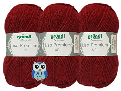 Gründl Lisa Premium Uni - Hilo de ganchillo (3 x 50 g, 100% poliacrílico, incluye 1 botón de búho (13 rojos)