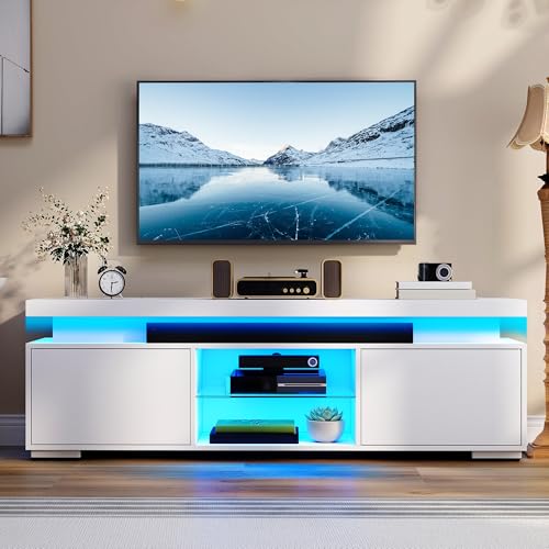DWVO White Modern TV Stand with LED Lights and Power Outlet, Modern Entertainment Center for 55/60/65 Inch, Media Console Table TV Cabinet with Storage, Universal TV Stand for Living Room,White