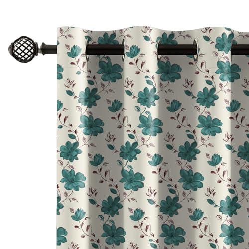Image of LINENWALAS Printed Blackout Curtains for 10 Feet Long Door | Set of 2 | Digital Printed Floral Drapes | Thermal Insulated, Room Darkening Panels with Grommet Hanging for Living Room (Teal Bloom)