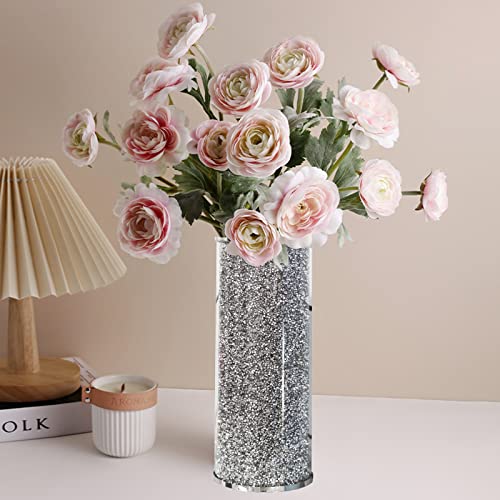 HMRCYTE Crystal Diamond Flower Vase, 10" Silver Glass Decorative Vase