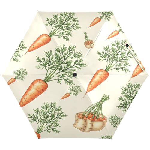 DIGTIA Carrot Green Leaves Umbrellas for Rain Windproof Small Folding Compact Mini Travel Umbrella for Purse Lightweight Portable Pocket for Women
