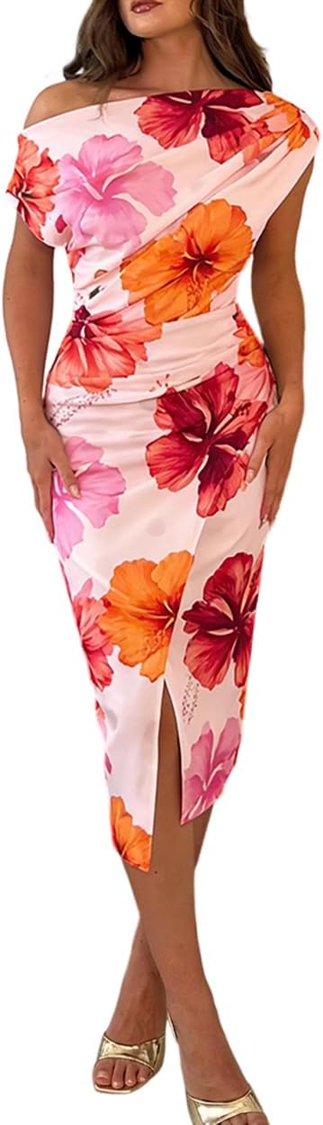 CHICME Womens Summer Polka Dot & Floral Print Midi Dress Off Shoulder Ruched Slit Bodycon Party Dresses
