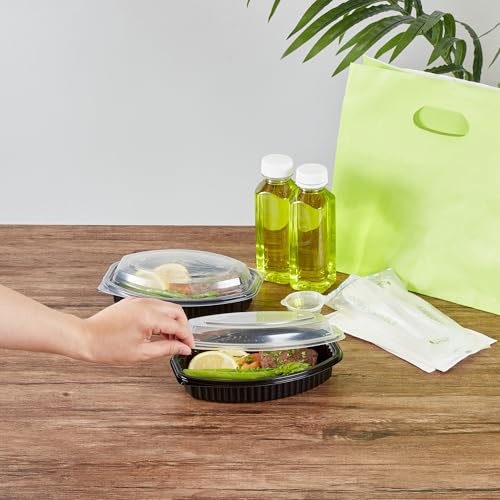 Image of Restaurantware-RW Base 16 Ounce Meal Prep Containers, 100 Microwavable To Go Containers With Lids - Disposable, Freezable, Black Plastic Oval Food Containers, Pack Hot And Cold Food, For Takeaway