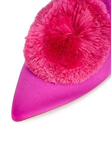 Divanne Mules For Women,Slip On Flat Mules Puff Pompom-Embellished Mule Shoes Pointed Toe Backless Loafers Satin Mule Slides-Antique Rose-Hot Pink-7M Us #TOP3