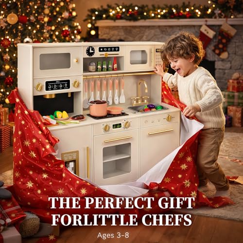 Play Kitchen for Kids, Wooden Pretend Toy Kitchen Set with Appliances & Smart Storage, Kids Kitchen Playset with 49 Toy Food & Cookware Accessories for Toddlers, Stove, Play Sink, Gift for Ages 3+ by TooyBing - Image 7