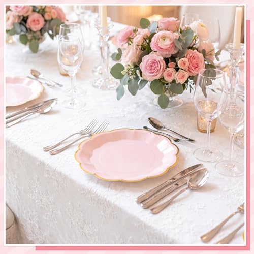 Image of NatNarr 30 Pcs Pink Plates with Gold Trim 7 Inch Pink and Gold Party Plates Scalloped Cake Dessert Plate Disposable for Baby Shower, Wedding, Birthday, Bridal shower