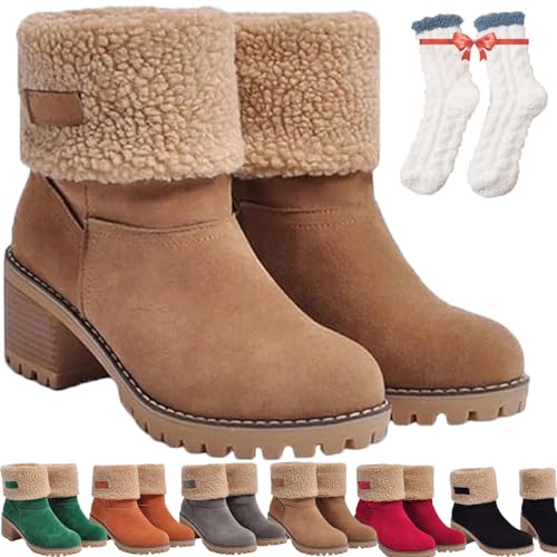 Boots Seniors' Chunky Heel Winter Boots Fur Topped Comfortable Slip On Mid Chunky Warm Snow Ankle Boots