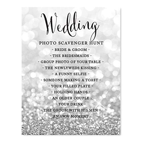 Andaz Press Wedding Party Signs, Glitzy Silver Glitter, 8.5x11-inch, Wedding Scavenger Hunt, 1-Pack