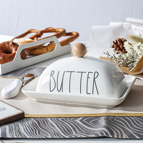 Farmhouse Decorative Kitchen Countertop Porcelain Butter & Cream Cheese Dish with Lid,Butter Keeper with Cover for East West Coast Butter,White - Image 4
