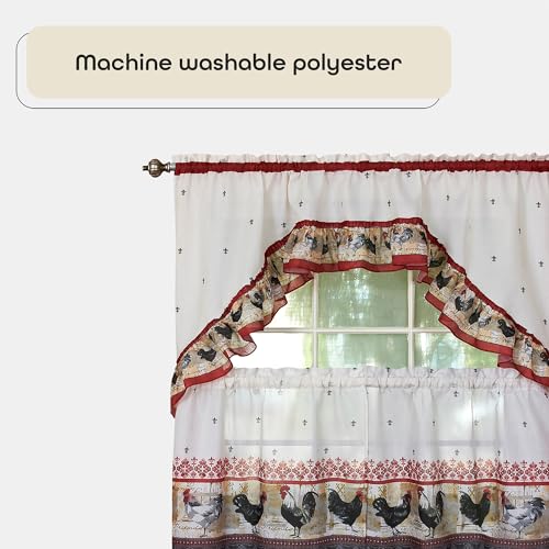 Achim Home Furnishings ROTS36BU12 Printed Tier And Swag Window Curtain Set - 57 Inch Width, 36 Inch Length - Rooster thumb #3