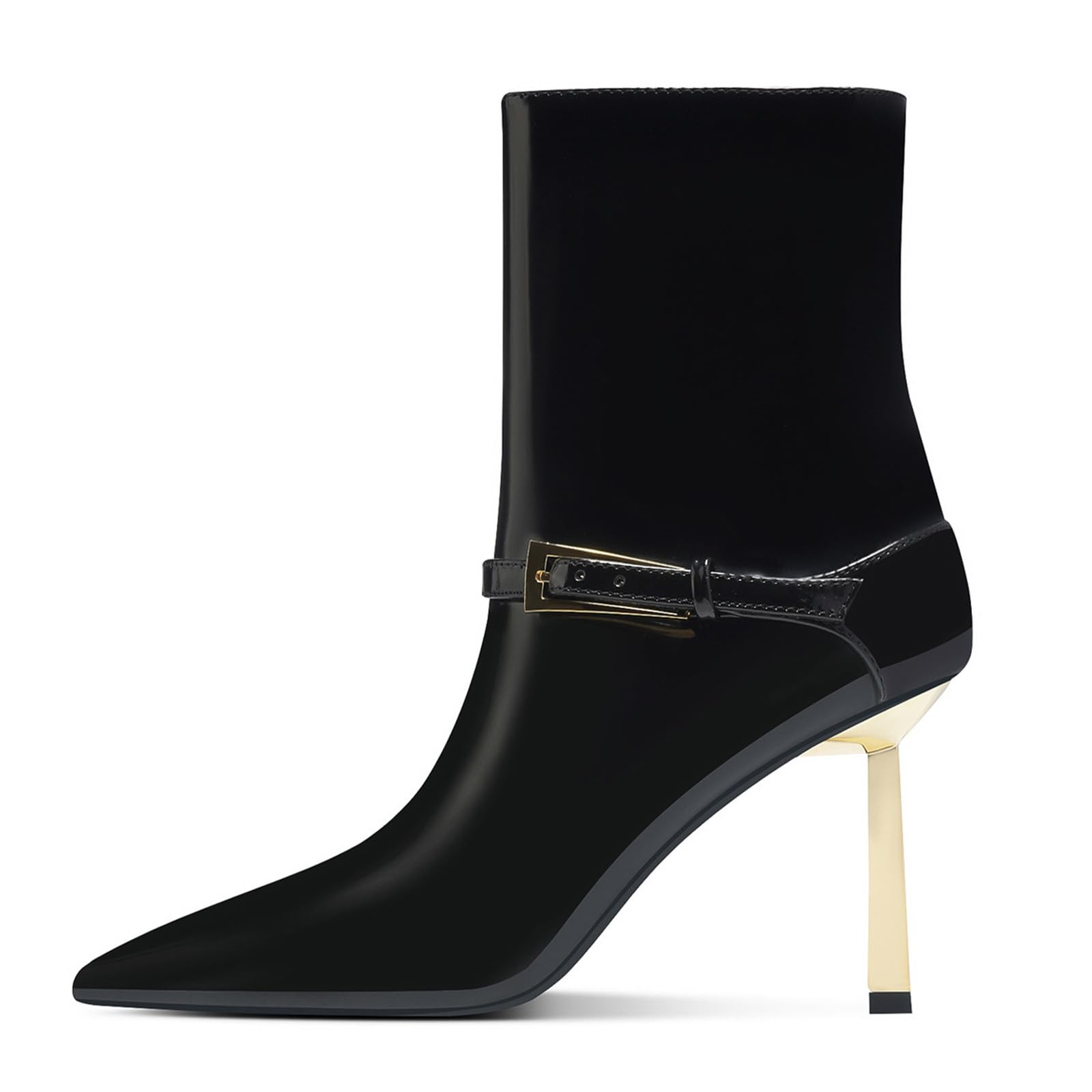 Sexy Stiletto Ankle Boots for Womens Patent Leather Point Toe Buckle High Heels Sock Boots Comfortable Side Zipper
