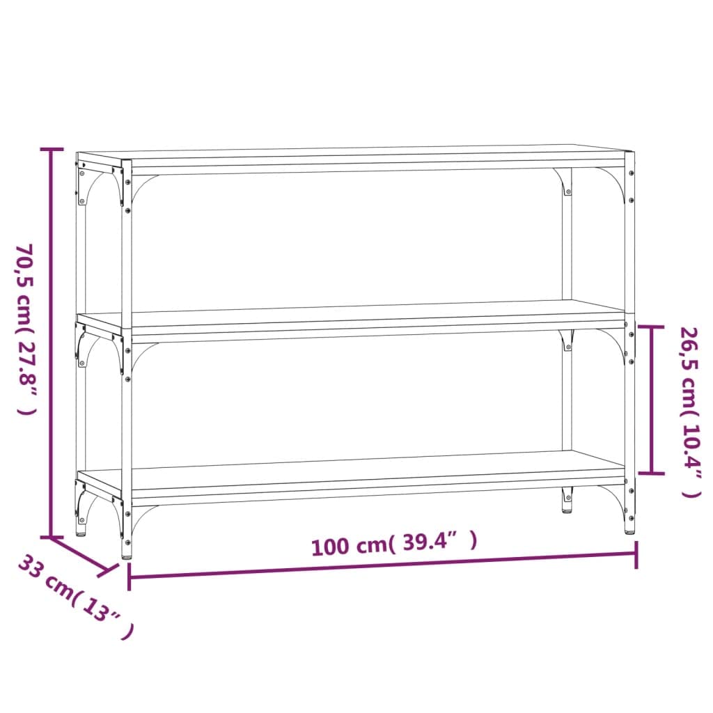 Libreria grigio Sonoma, 100 x 33 x 70,5 cm, in legno e acciaio, scaffale industriale per soggiorno con 3 ripiani, scaffale piatto per ufficio e corridoio
