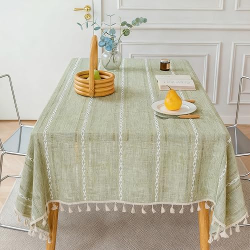 MospdyGear Cotton Linen Tablecloth 140×220cm Rectangular Green Table Cloth with Fringes Dust-Proof and Washable Ideal for Kitchen Dining and Outdoor Events (86.6x55.1inch)