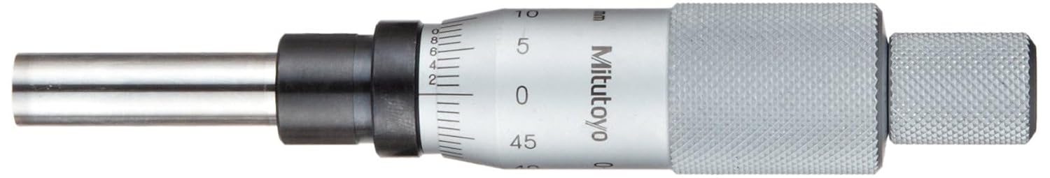 Mitutoyo 153-203 Micrometer Head, 0-25mm Range, 0.01mm Graduation, +/-0.003mm Accuracy, Non-Rotating Spindle, Plain Thimble, Flat Face, Vernier Scale, Carbide Measuring Face, Satin Chrome Finish