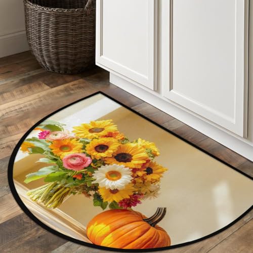 Image of cfpolar Half Round Door Mat Autumn Sunflowers Pumpkins Non-Slip Semi Circle Area Rug Washable Half Moon Hearth Rugs for Indoor Outdoor Bathroom Kitchen Patio Runner Mat Laundry Room Home Decoration
