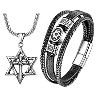 OIDEA Davidstern Armband & Halskette Set: Herren Schmuck Set Edelstahl Kette mit Davidstern Kreuz Anhänger Silber mit geflochtener Leder Armband Schwarz Geschenk für Männer Freund Familie