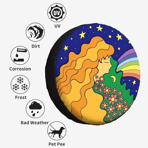 Image of Girl Stars Moon Night Sky and Rainbow Spare Tire Cover Psychedelic Hippie Girl with Golden Hair Wheel Covers for RV Tires Camper Tire Case Protectors for Trailer Rv SUV Truck Travel Trailer 15 in