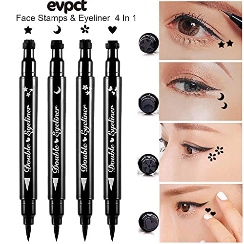 4 In 1 Flowers Hearts Moon Stars Shapes Face Stamps Eyeliner Pen Set, Face Tattoo Makeup Stamp Liquid Eyeliner Black Wing Winged Cat Eye Freckle Stamp Eyeliner Pencil Pen Waterproof Long Lasting #TOP1