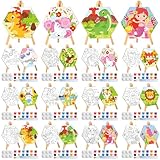 Watersay 12 Set Kids Pre Drawn Canvas for Painting Kit 12 Pcs 6" x 6" Animals Printed Pre Drawn Canvas, Easels, Palettes, Paint Pots and 24 Pcs Brushes Kids Paint Party Favor for DIY Craft Party