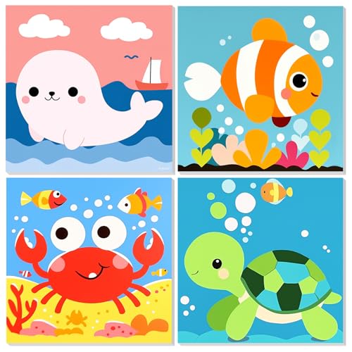 MEIYUDA Pintar por Numeros Niños con Marco Animales, Vida marina DIY Pintura Kit Pintar por Numeros Niños, Cuadros Pigmento Acrílico, Decoración para el Hogar Regalo de pared 20x20cm