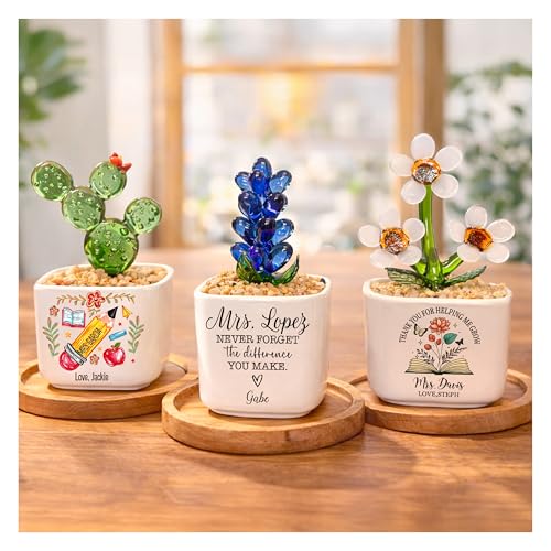 Personalized Teacher Appreciation Gift, Custom Mini Ceramic Pot with Glass Flower, Thank You Keepsake from Student, End of Year Teacher Gift, Classroom Desk Decor for Women
