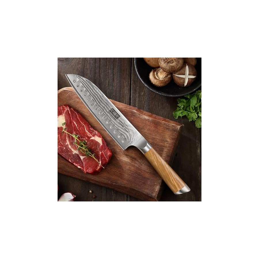 HOSHANHO Damascus Santoku Knife 7 Inch, Professional Japanese Damascus Super Steel Kitchen Knife, Sharp Cooking Knife with Durable Ergonomic Olive Wood Handle