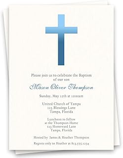 Baptism Invitations Confirmation First Holy Communion Invites Graduation CCD Christening Baptize Religious Ombre Blue Boys Cross Personalized Customized Custom Printed Cards (12 Count)