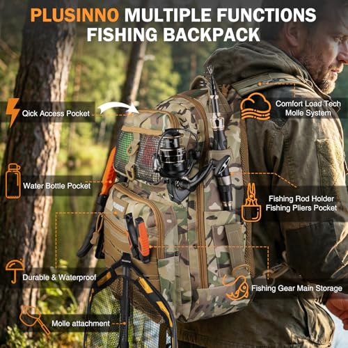Image of PLUSINNO Fishing Backpack with Fishing Gear Fishing Net, Waterproof Tackle Backpack with Rod Holders, Tackle Box, Lures, Tools, Pliers & Accessories, Fish Gifts for Men
