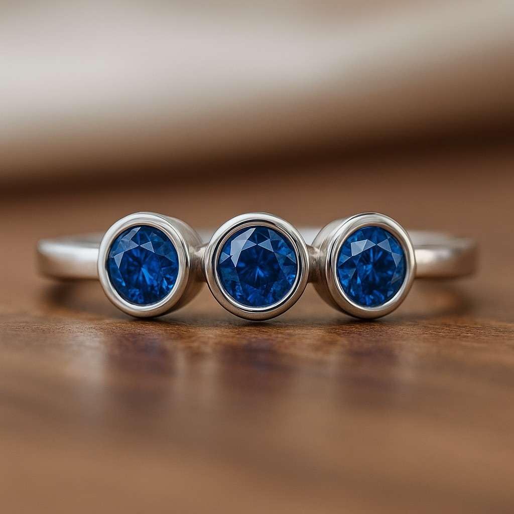 Blue Sapphire Ring for Women in 14K Gold or 925 Sterling Silver – Natural Blue Sapphire Three Stone Bezel Set Ring – Dainty September Birthstone Jewelry Gift