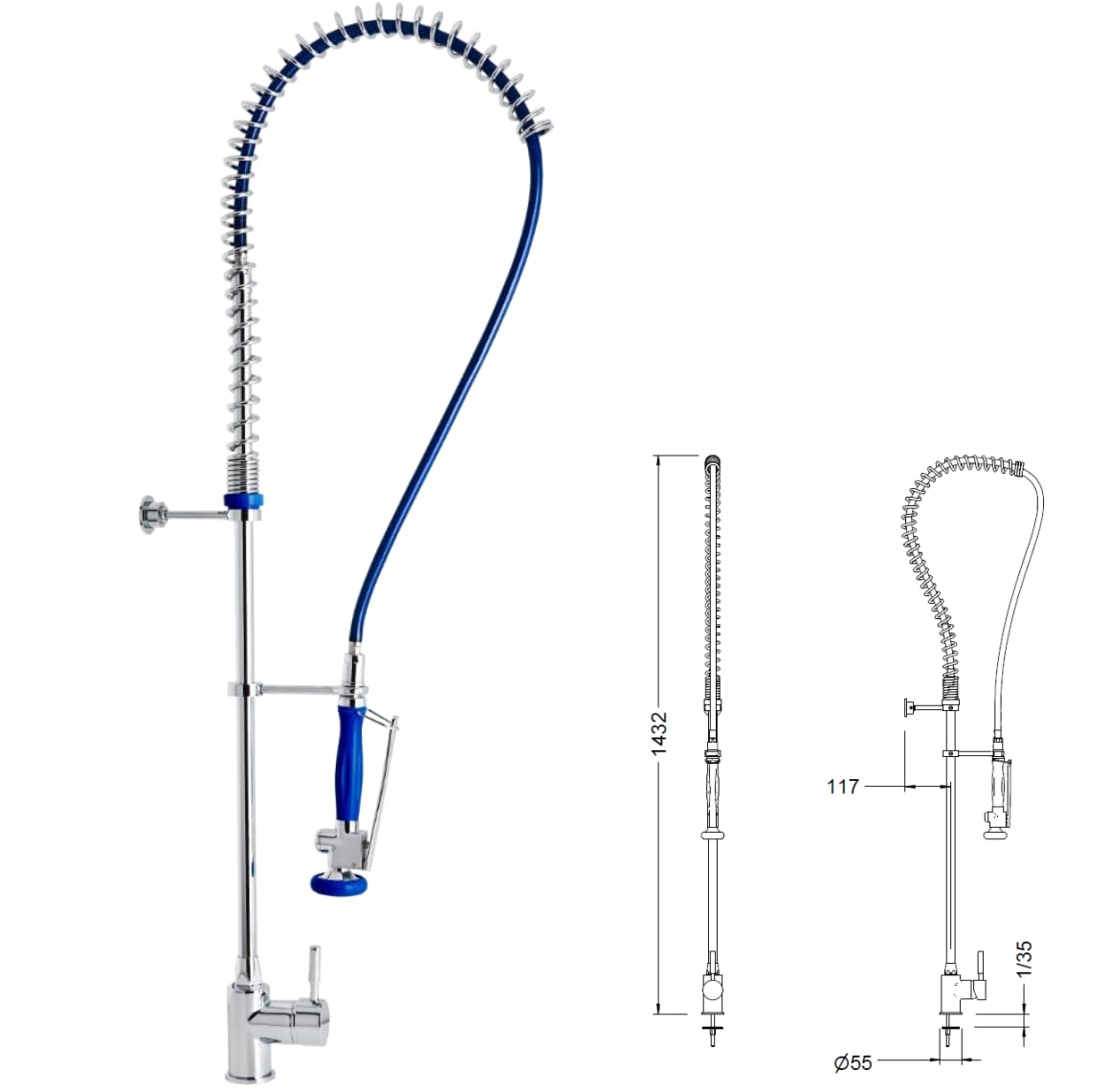 Genebre - Grifo Columna Prelavado Profesional 1705 04 | Grifo Industrial Monomando con Ducha Extraíble | Cocina Profesional y Hostelería | Columna Alta con Muelle AISI 304 y Cartucho Cerámico D40
