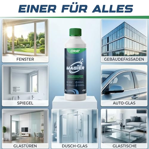 GLORYPURE GLAS-MAGIER Fenster- und Glasreiniger Konzentrat 1L, 200-fach ergiebig bis 200L, Profiqualität, streifenfrei bei Fett und Schmutz, für Fenstersauger, Fenster, Spiegel, Glastüren, Glastische