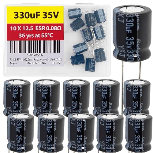 330uF 35V 10x12.5mm Rubycon Electrolytic Capacitor Low ESR 0.08Ω Long Life 36yrs at 55 Degree C mfd mircofarad Micro Farad C Radial Lead Aluminum Capacitors (Pack of 10)