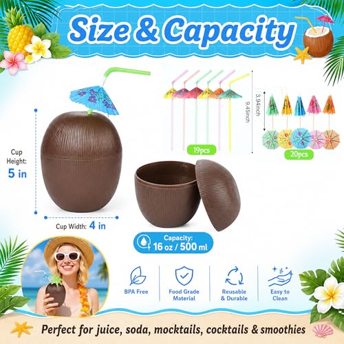 Haundry 18 Coconut Cups with 18 Straws, 18 Cocktail Drink Picks, Hawaiian Luau Tiki and Beach Theme Party Decorations for Kids and Adults by Haundry - Image 2