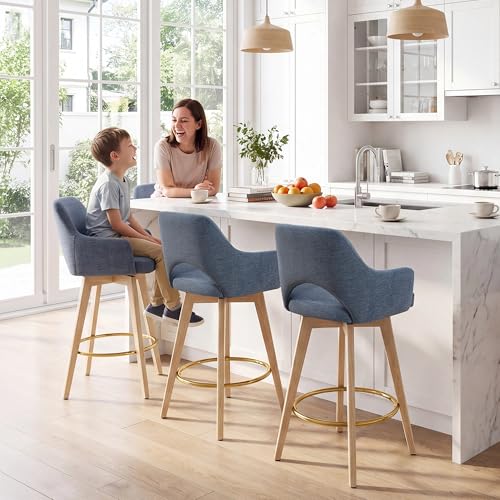 Image of Zesthouse Swivel Wooden Bar Stools Set of 4, Coastal Blue Counter Height Stools with Arm & Back, Upholstered Linen Fabric Barstools with Solid Wood Leg & Gold Metal Ring, High Chair for Kitchen Island