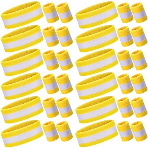 Image of Eurzom 36 Pcs Neon Sports Sweatbands Set Include 12 Striped Sweat Absorbing Headbands 24 Wristbands Athletic for Men Women Basketball Tennis Running Glow Party
