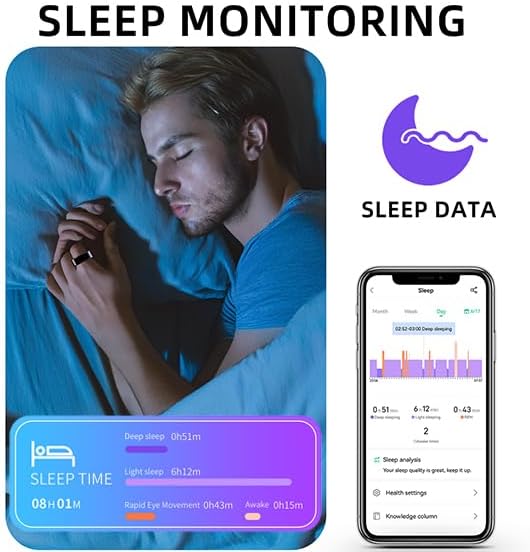 Image showing a person sleeping with the smart ring and a smartphone displaying sleep data