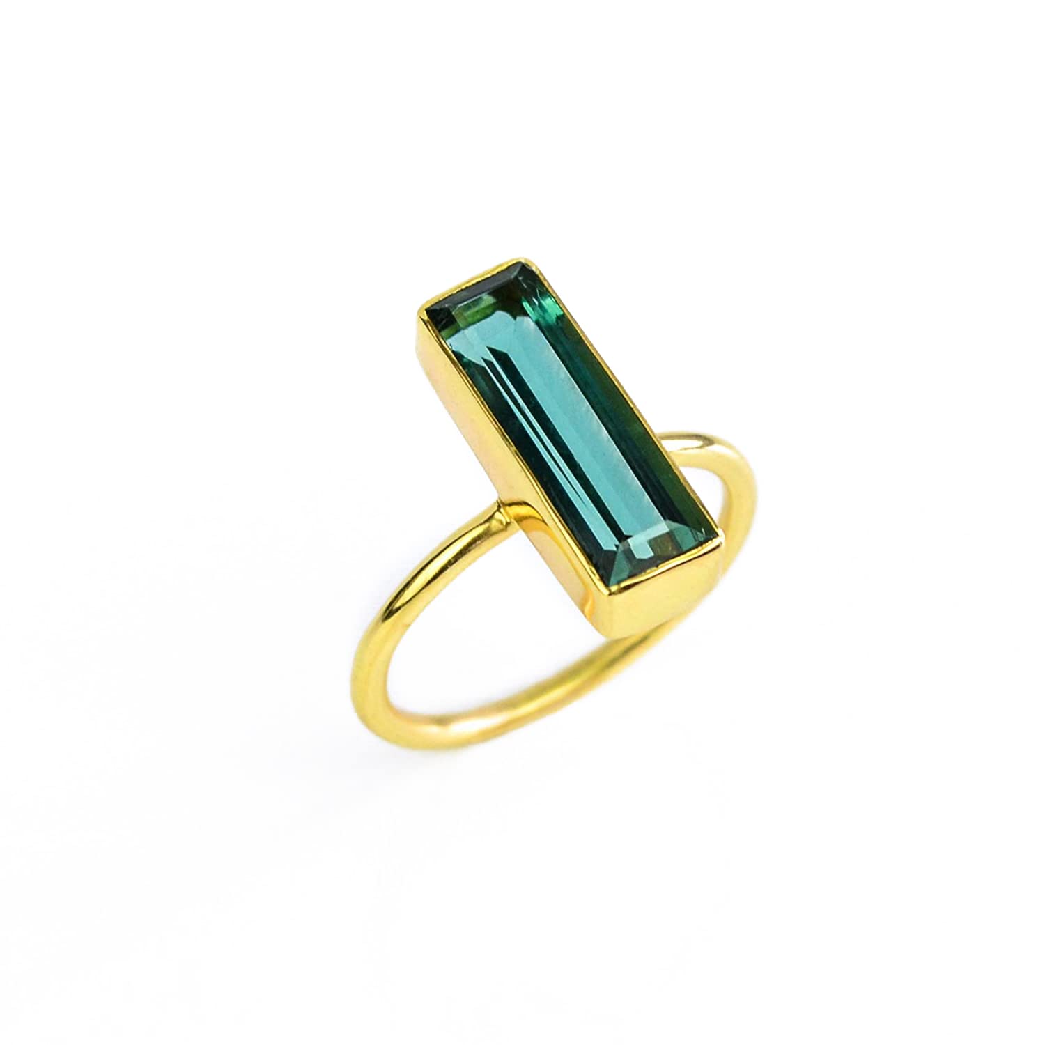 Gemstone Bar Ring, Geometric Rectangle Stacking Birthstone Ring, Adira Series (Green Tourmaline)