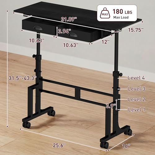 Jsskeeim Adjustable Standing Desk with Drawers, Rolling Sit Stand Desk with Wheels for Walking Pad, Small Mobile Computer Desk for Home Office, Portable Height Adjustable Desk 31.5"-43.3", Black