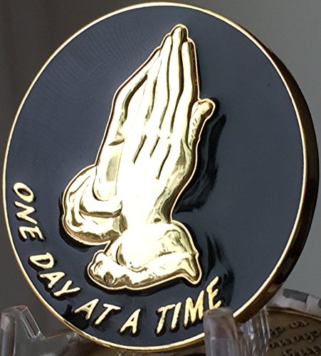 Praying Hands One Day At A Time Black Gold Plated Medallion Chip Serenity Prayer #TOP4