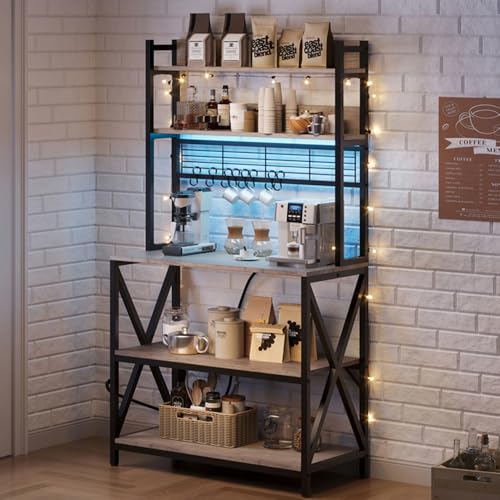 Image of Yaheetech Kitchen Bakers Rack with Power Outlet & LED Lights, 5 Tiers Coffee Bar Table with 8 S Hooks, 64 Inches Tall Microwave Oven Stand with Storage for Spices, Pots, Gray