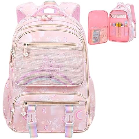 BYXEPA Girls Backpack, 16.5 * 13.5 * 7 inches School Backpack for Girls, Lightweight Kids Backpack with Compartments, Kids' School Bag for Age 4-10 Years Old (Apricot) Cover