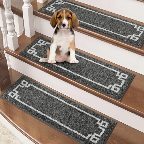 BEQHAUSE Stair Treads for Wooden Steps Non Slip Washable Carpet Stair Treads with Reusable Residue Free Backing Soft Polyester Stair Mats Indoor for Kids Elders and Dogs 9”x28”,4pcs,Dark Gre