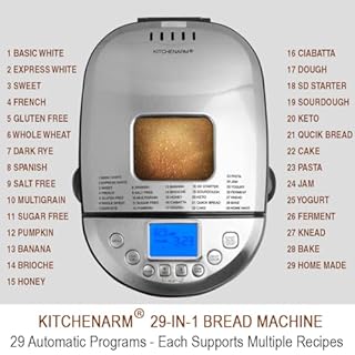 KITCHENARM Machine à pain INTELLIGENTE 29 en 1 avec réglage sans gluten Machine à pain de 0,9 kg, 0,7 kg, 0,45 kg avec cycle fait maison – Machine à pain en acier inoxydable avec recettes Machine à