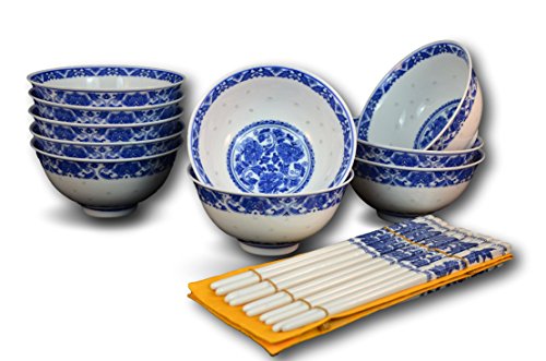 10 Pc Fine Porcelain Blue And White Rice Pattern Bowl, Bowl Set, With Free 10 Pairs Of Porcelain Chopsticks Jingdezhen, Soup Bowl, Bowl Set, Fruit Bowl, Cereal Bowl #TOP16