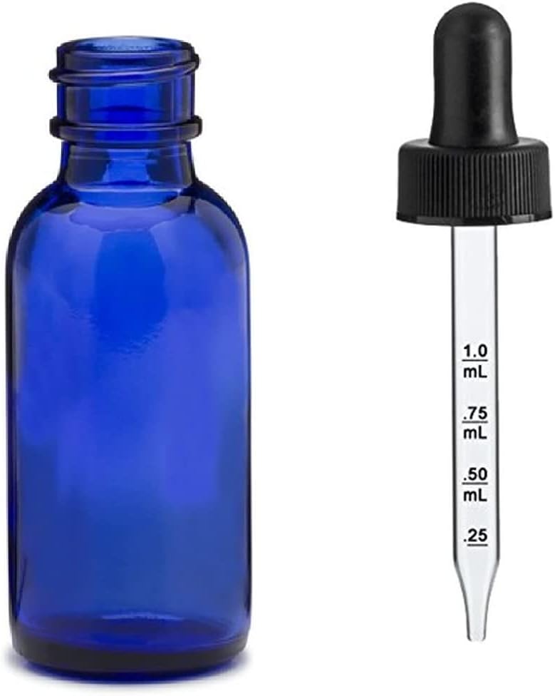 72 Pcs, 30ml [1 oz] Cobalt Blue Boston Round Bottle 20-400 CRC [Child Resistant Cap] Glass Dropper with Graduated Marks 7X76mm