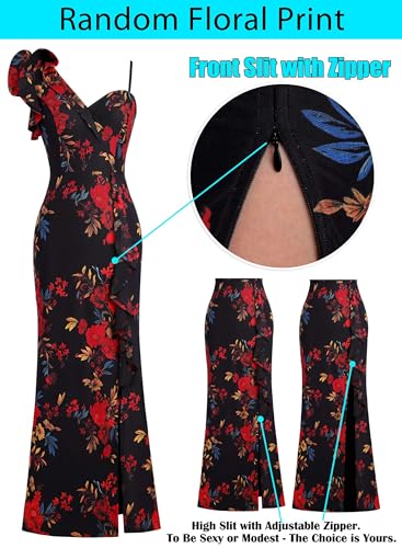 Image of VFSHOW Womens Formal Prom Elegant Ruffle One Shoulder Beaded Strap Ruched Slit Maxi Dress Wedding Evening Long Gown
