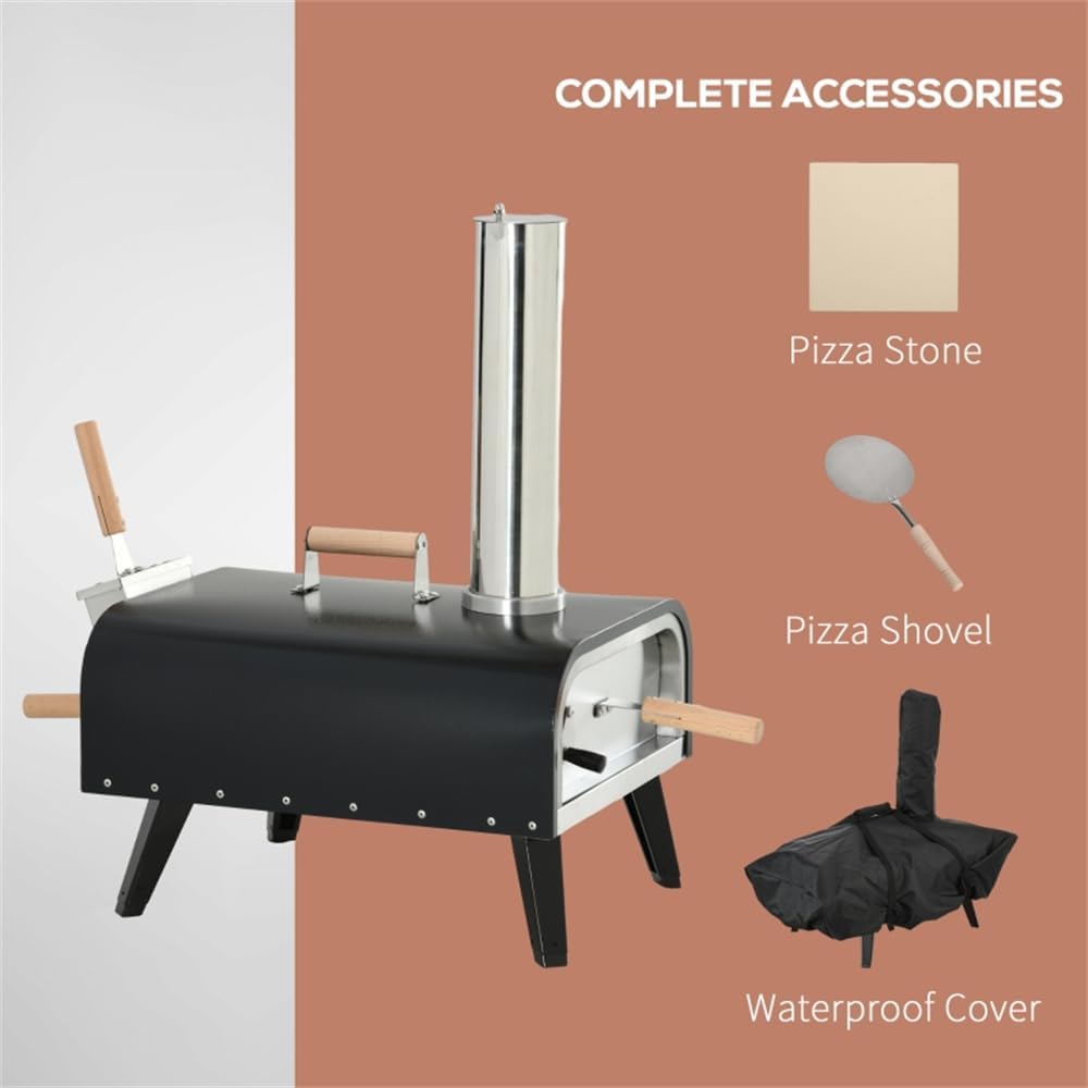 Professional 12" Pellet Pizza Oven with Cordierite Stone - Portable Outdoor Wood Fired Oven with Pizza Peel, Thermometer, Foldable Legs & Ash Catcher - Black Steel BBQ Grill for Patio, Garden, Camping